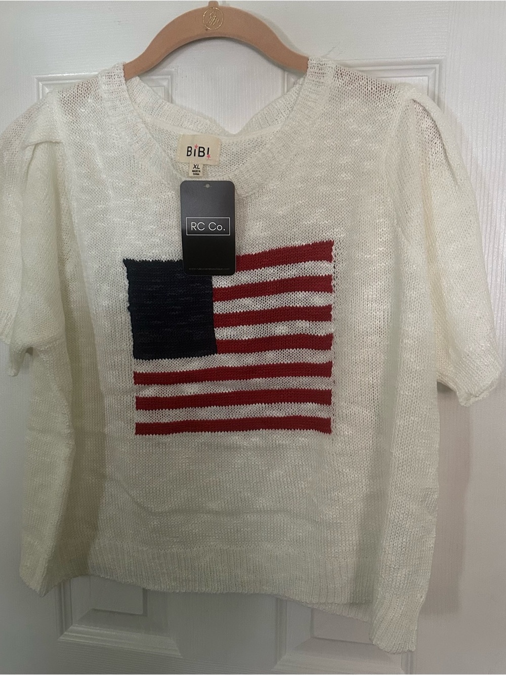 BiBi Cream Knit Sweater with Red and Navy Flag Motif
